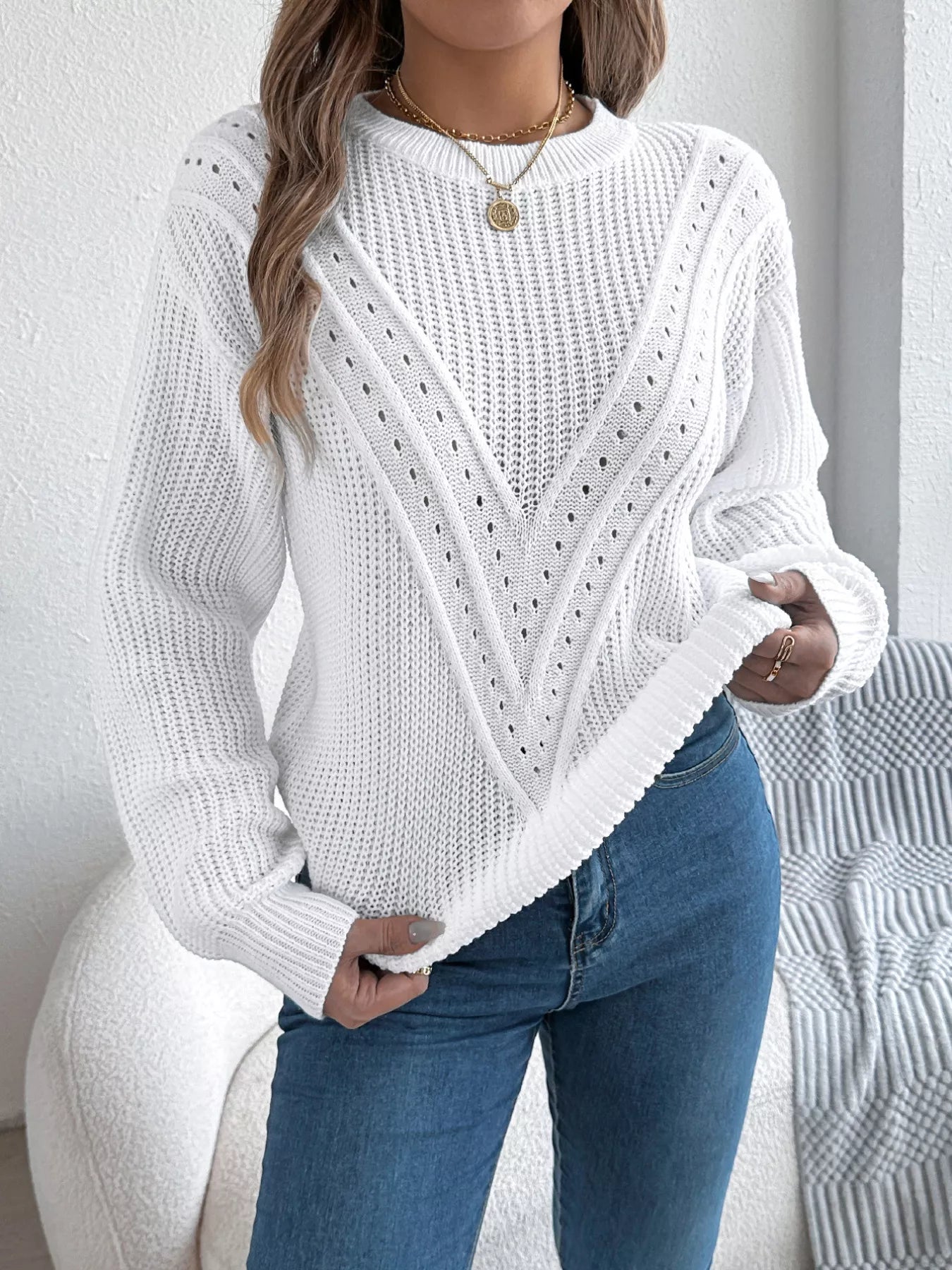 Openwork Round Neck Sweater White