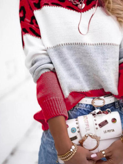 Full Size Leopard Color Block Long Sleeve Sweater Plus Size Red