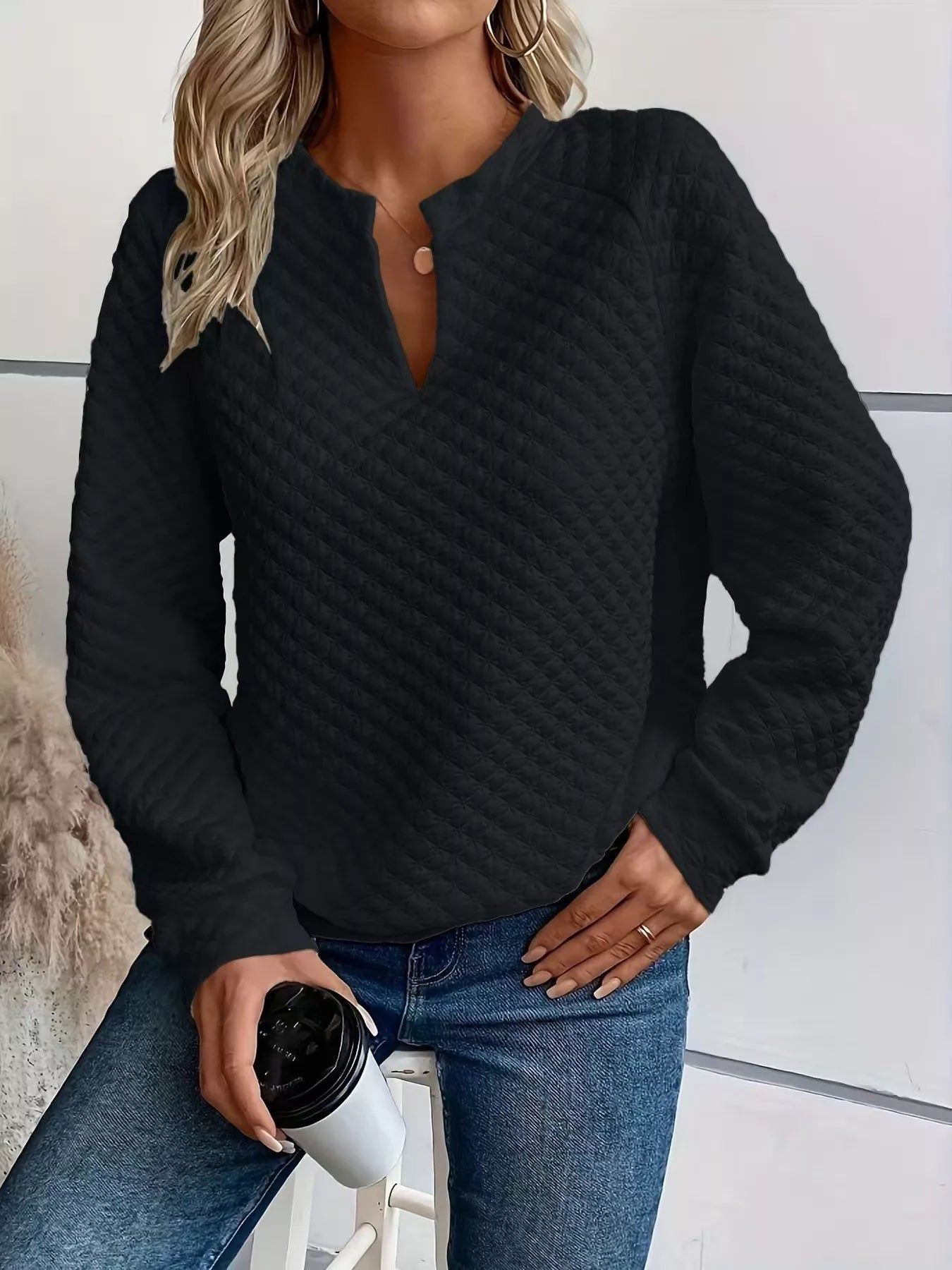 Notched Raglan Sleeve Sweatshirt Black
