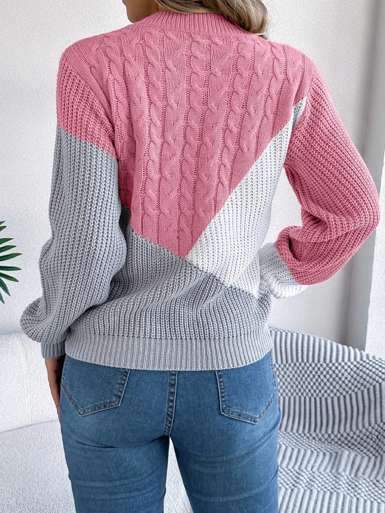 Color Block Cable Knit Long Sleeve Sweater