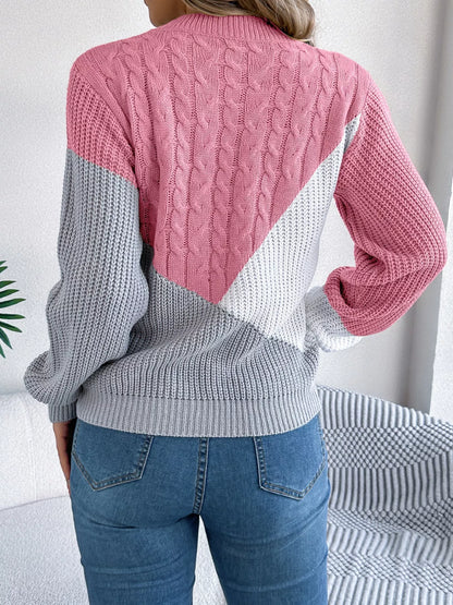 Color Block Cable Knit Long Sleeve Sweater