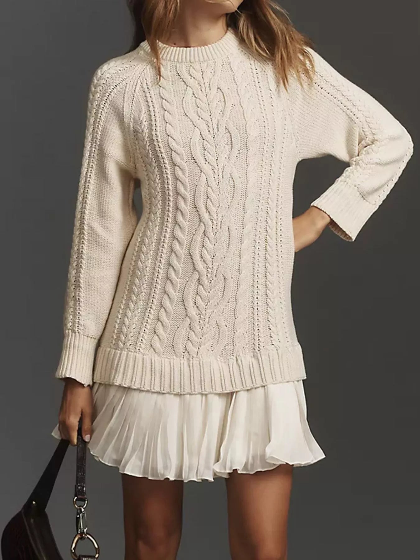 Full Size Cable-Knit Mini Sweater Dress Plus Size Apricot