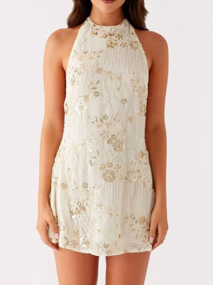 Backless Embroidered Halter Neck Mini Dress