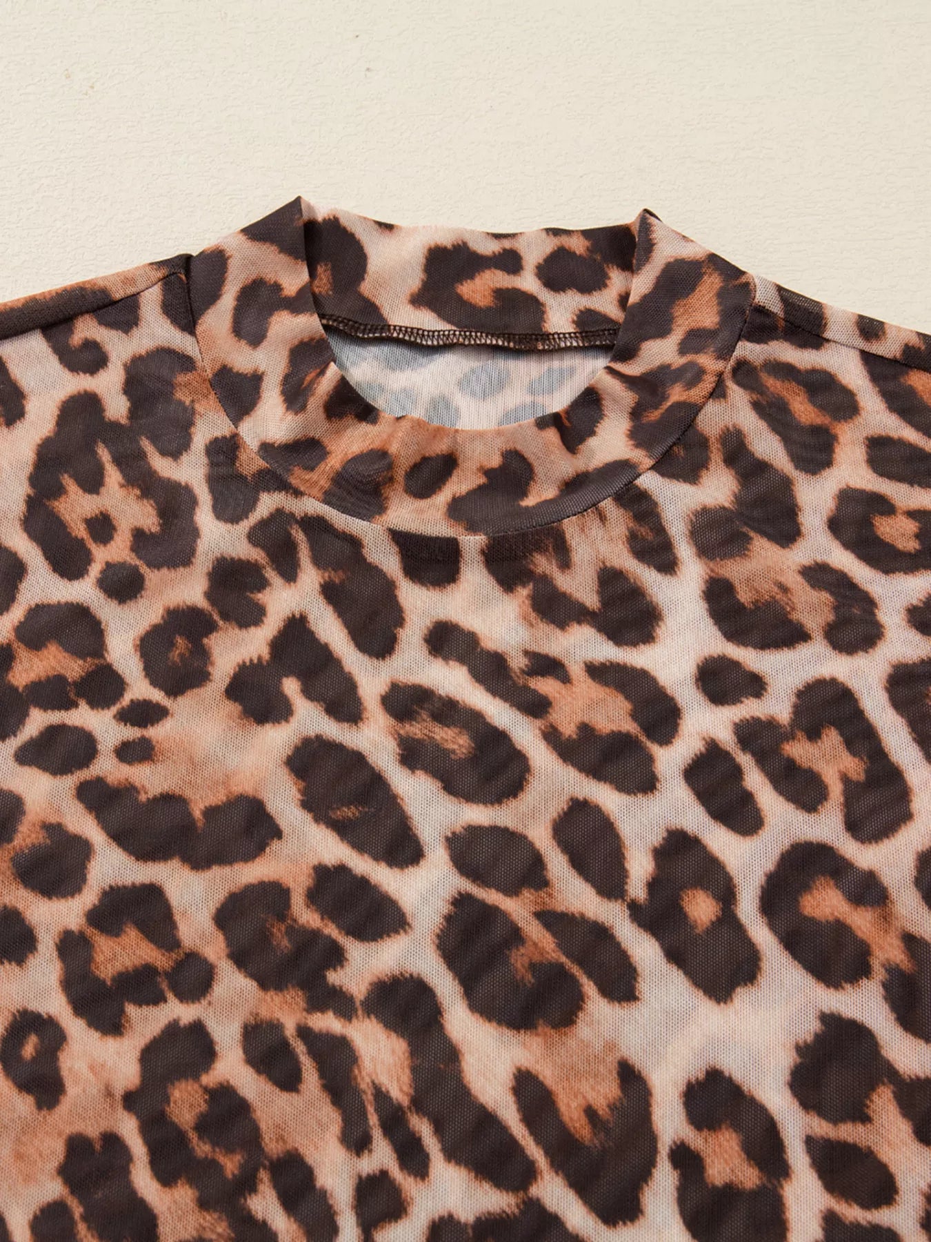 Leopard Mock Neck Long Sleeve Mesh Top