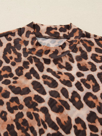 Leopard Mock Neck Long Sleeve Mesh Top