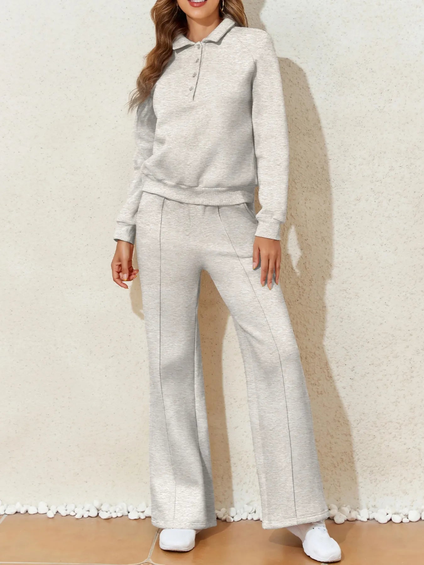 Collared Sweatshirt and High Waist Pants Active Set