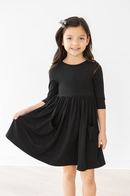 Black 3/4 Sleeve Pocket Twirl Dress