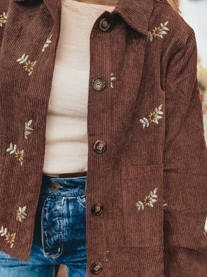 Floral Embroidered Collar Button Front Corduroy Jacket