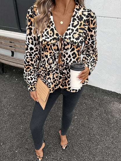 Leopard Print Tie Front Blouse