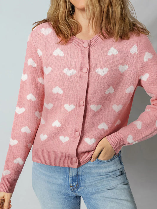 Heart Pattern Button Front Cardigan Dusty Pink