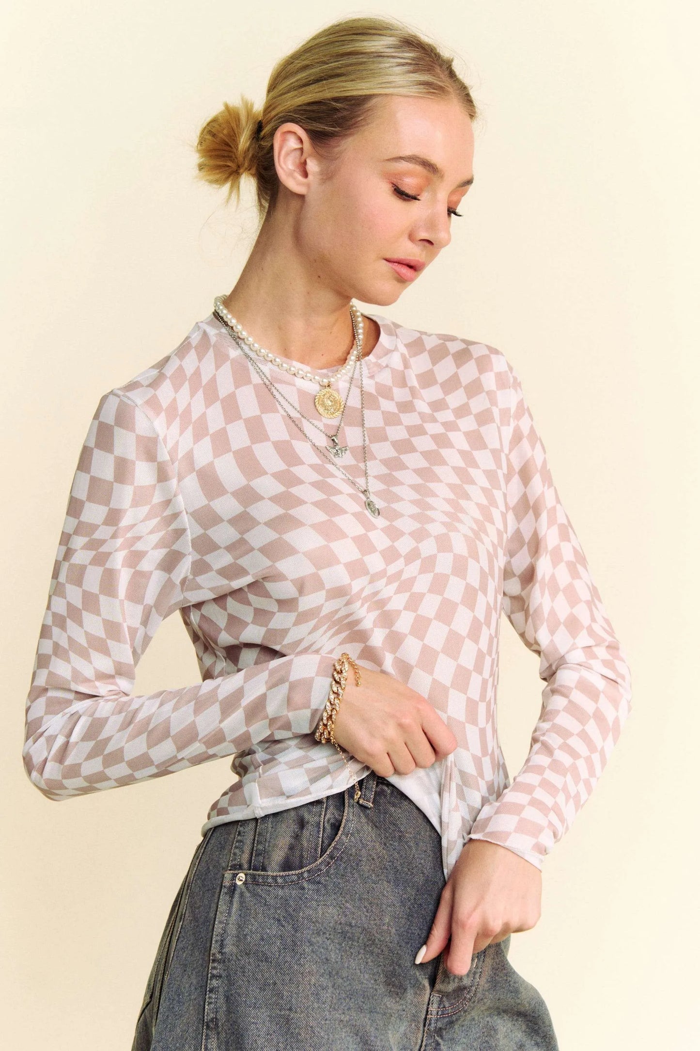 Davi & Dani Checker Board Mesh Long Sleeve Layering Top IVORY TAUPE