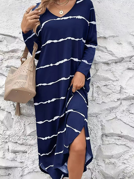 Striped V-Neck Long Sleeve Dress Navy
