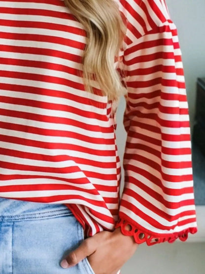 Striped Print Drop Shoulder Lace Trim Loose Top