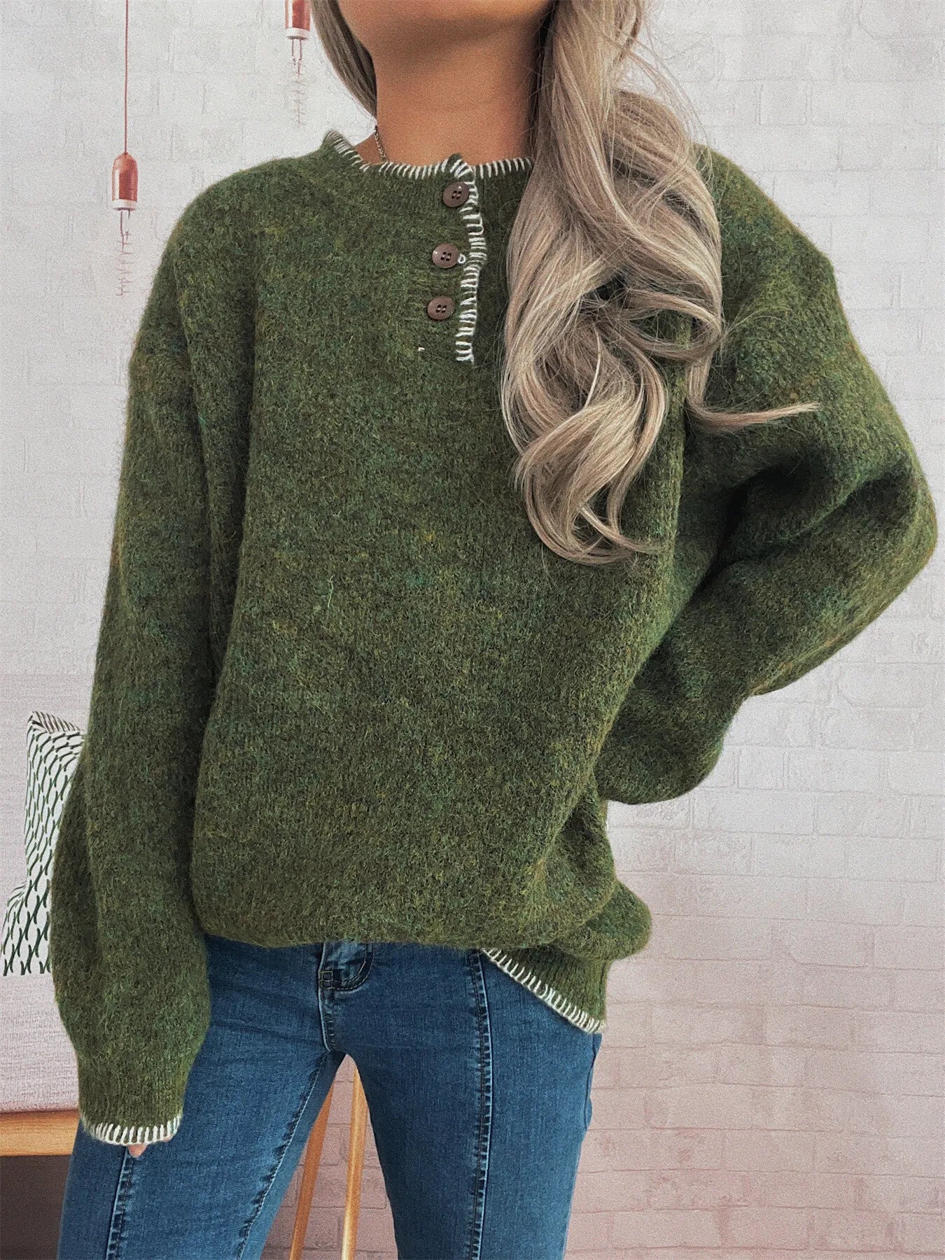 Ribbed Button Detail Long Sleeve Sweater