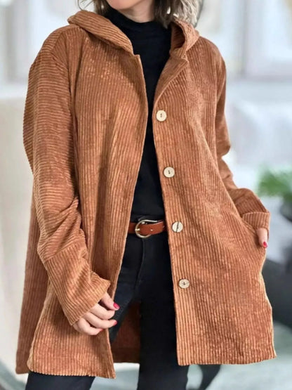 Full Size Corduroy Button Up Hooded Jacket Plus Size Tan