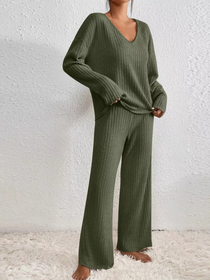 Ribbed V-Neck Top and Pants Set Army Green
