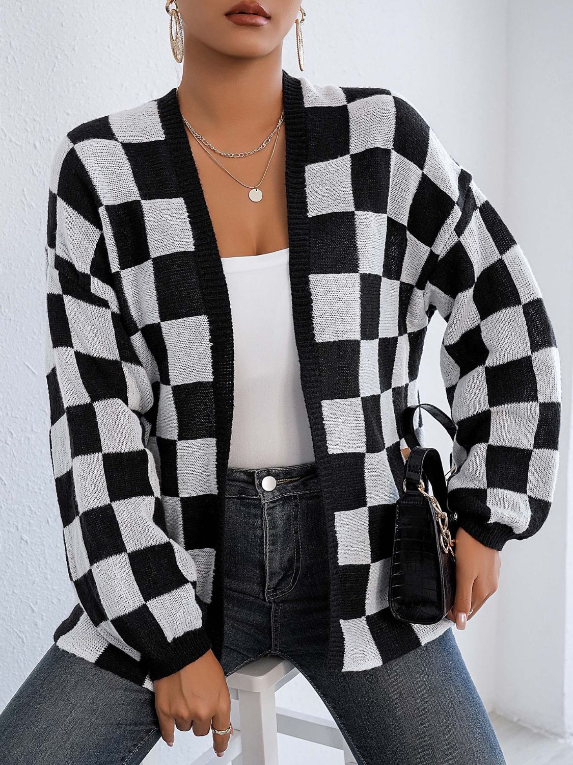 Black and White Checkered Cardigan - Checkered Open Front Long Sleeve Cardigan