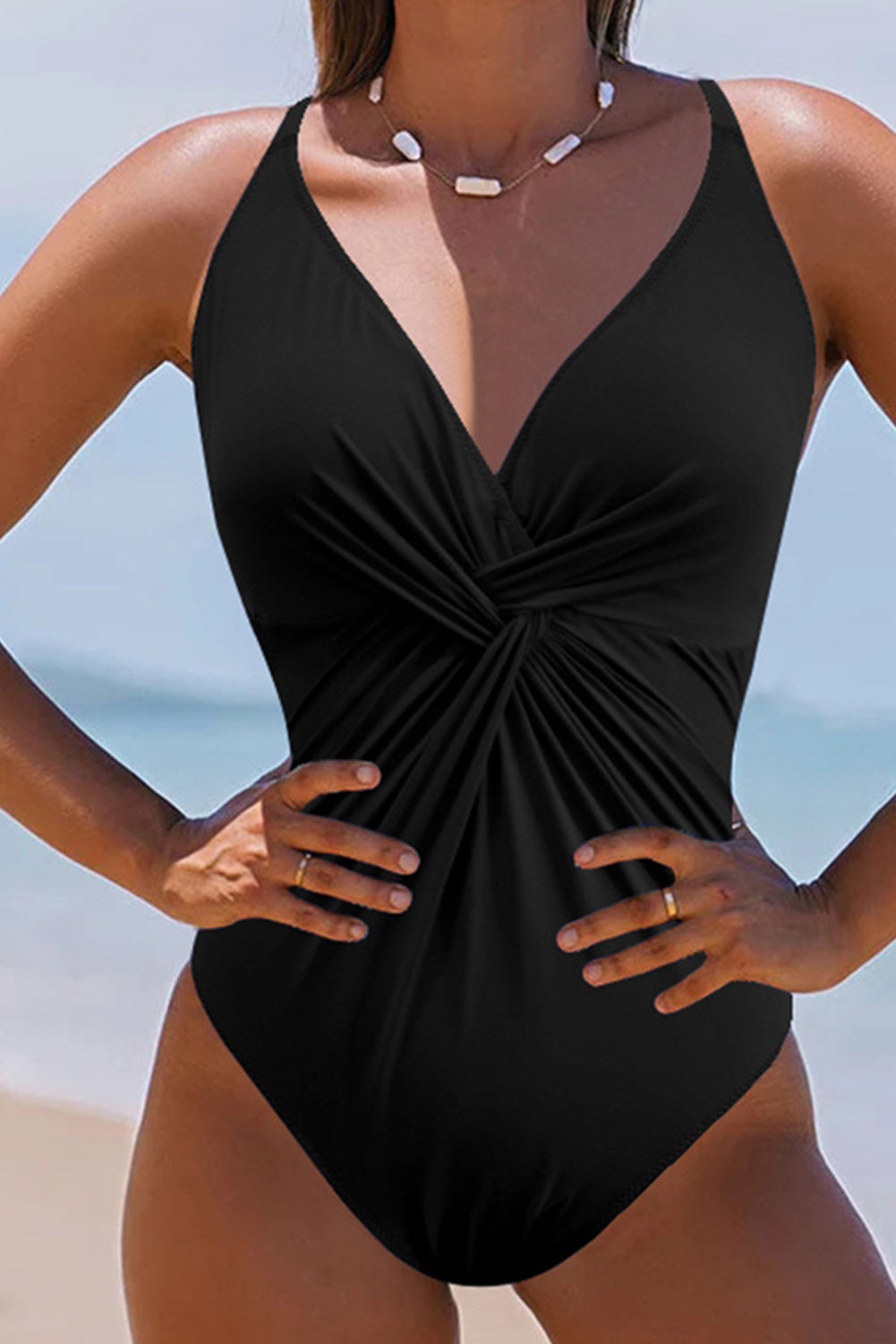 Twisted Crisscross V-Neck One-Piece Swimwear Black