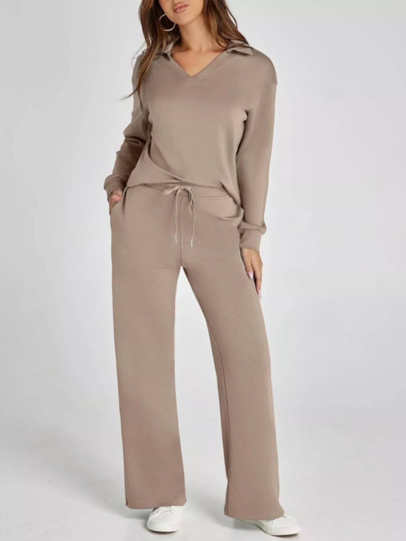 Full Size Johnny Collar Long Sleeve Top and Pants Plus Size Brown