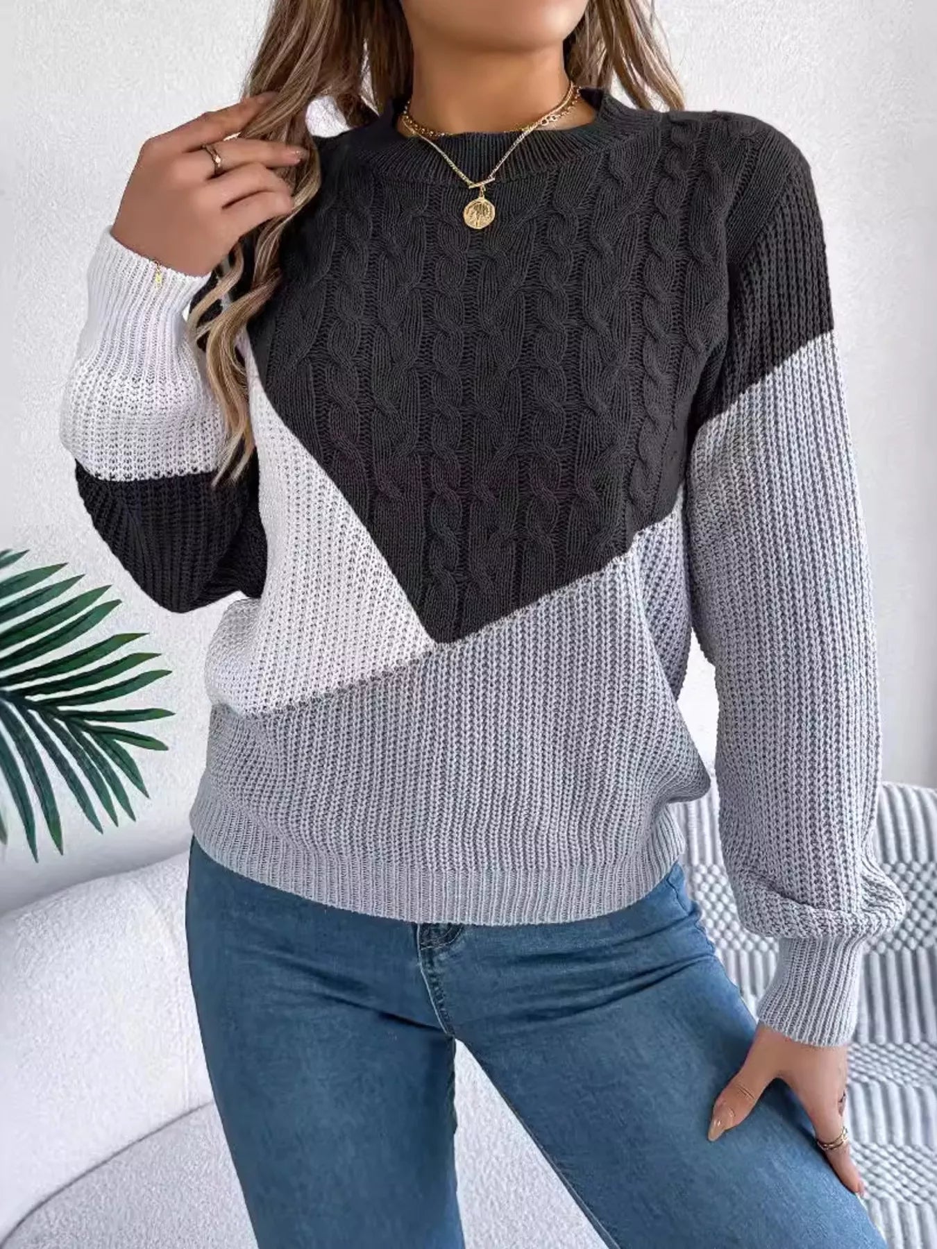 Color Block Cable Knit Long Sleeve Sweater
