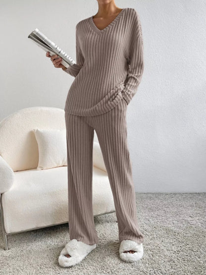 Ribbed Knit Long Sleeve Top and Pants Set Deep Khaki