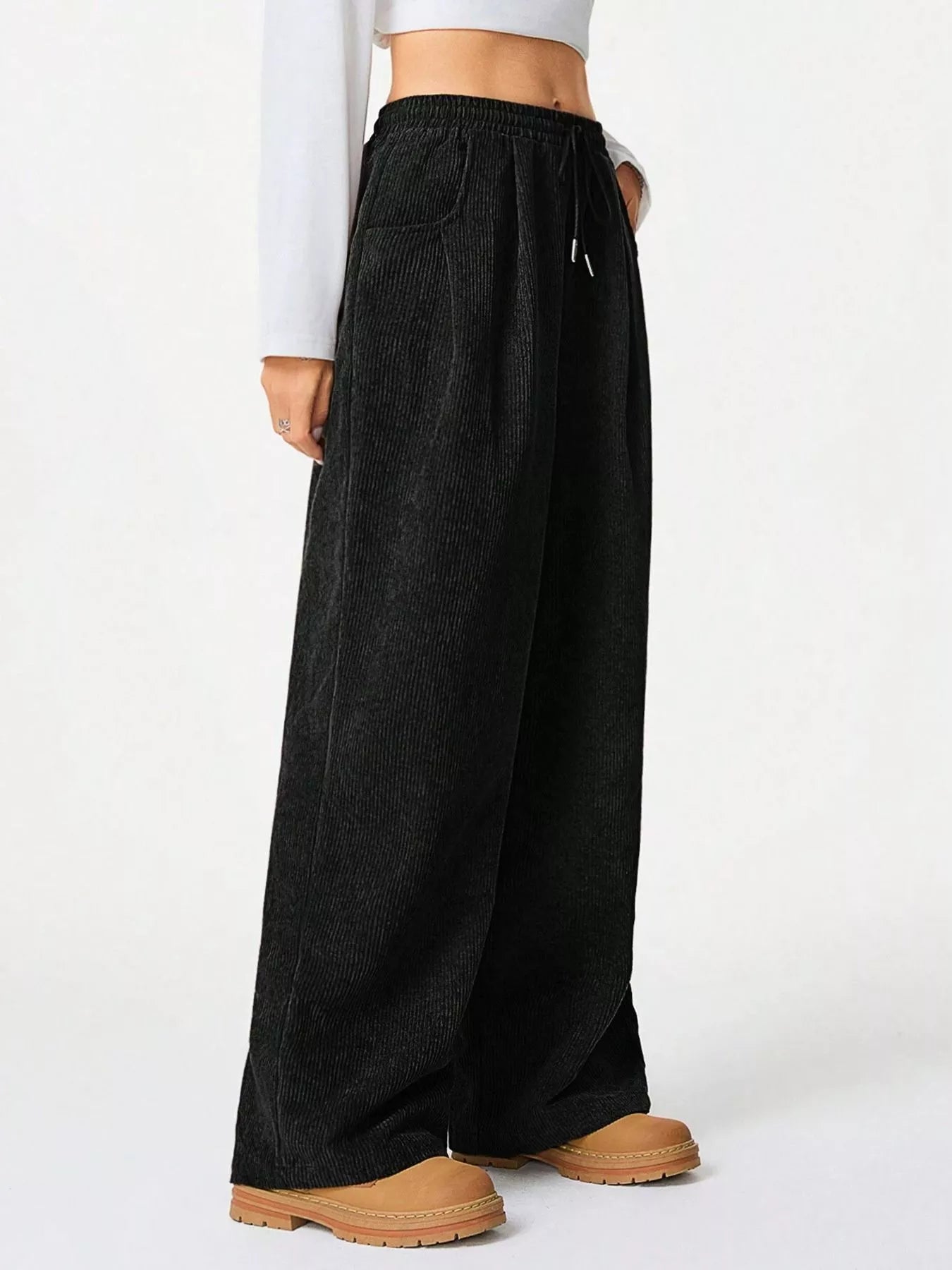 Wide Leg Corduroy Drawstring Pants