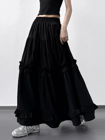 Elastic Waist Ruffle Maxi Skirt Black