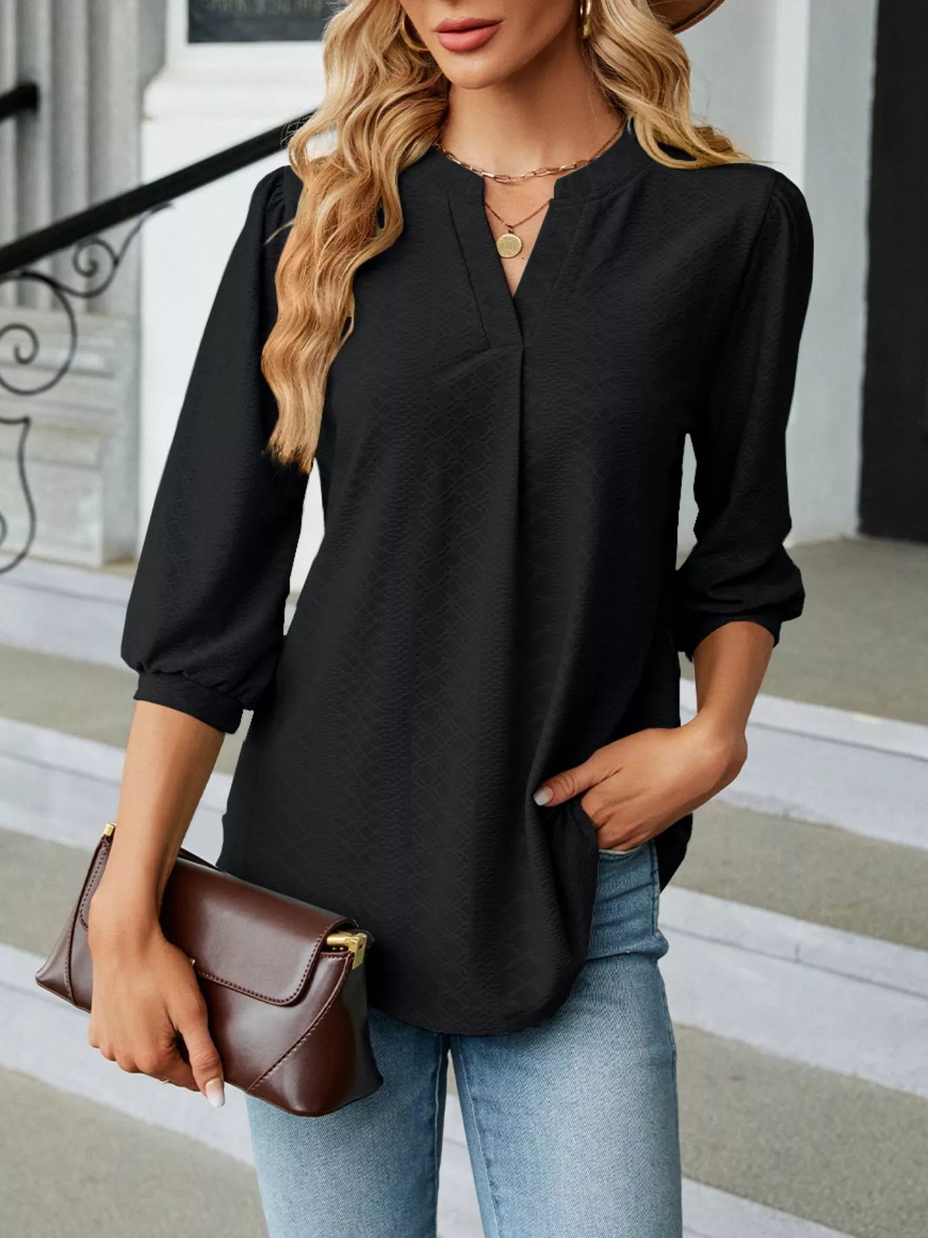 Notched 3/4 Sleeve Casual Top