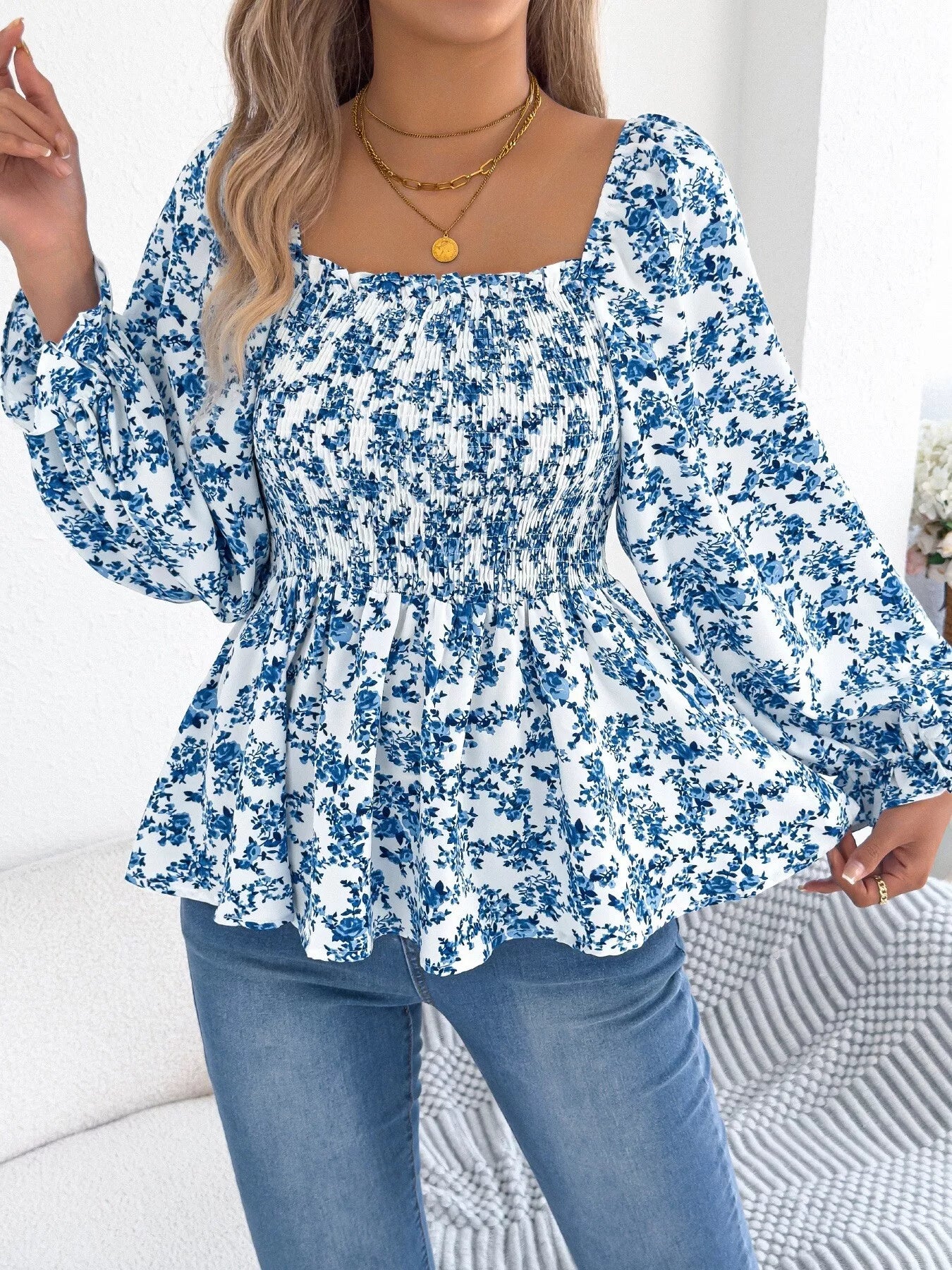 Full Size Floral Print Smocked Long Sleeve Blouse Plus Size