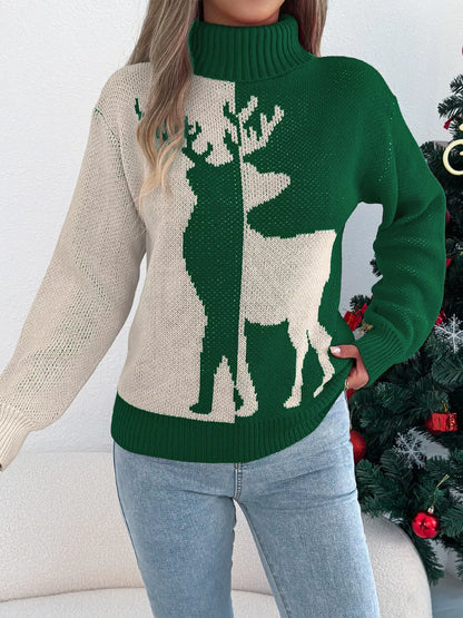 Christmas Reindeer Turtleneck Sweater Green