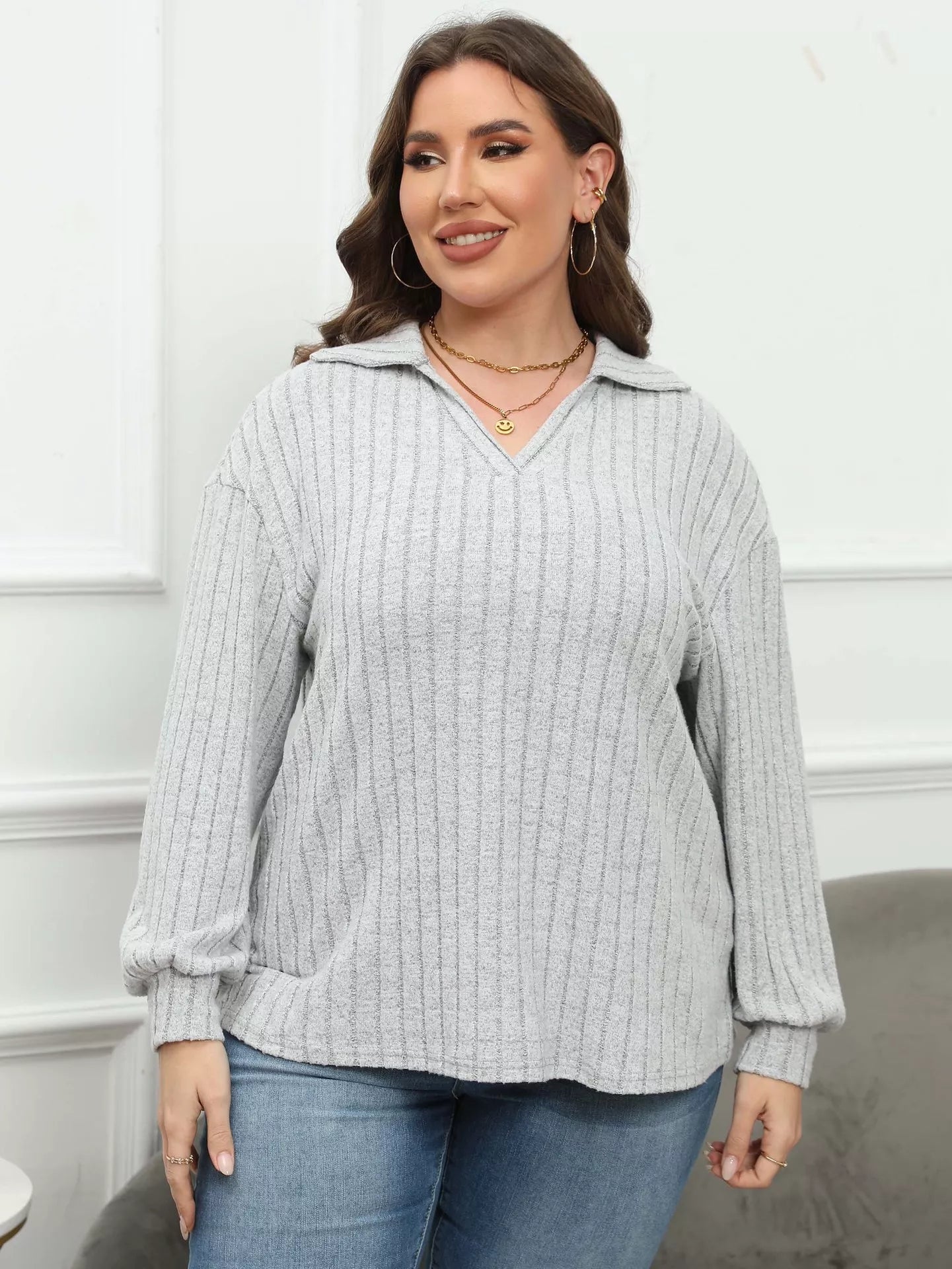 Plus Size Ribbed Knit Polo Collar T-Shirt