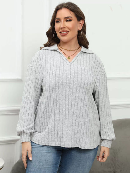 Plus Size Ribbed Knit Polo Collar T-Shirt