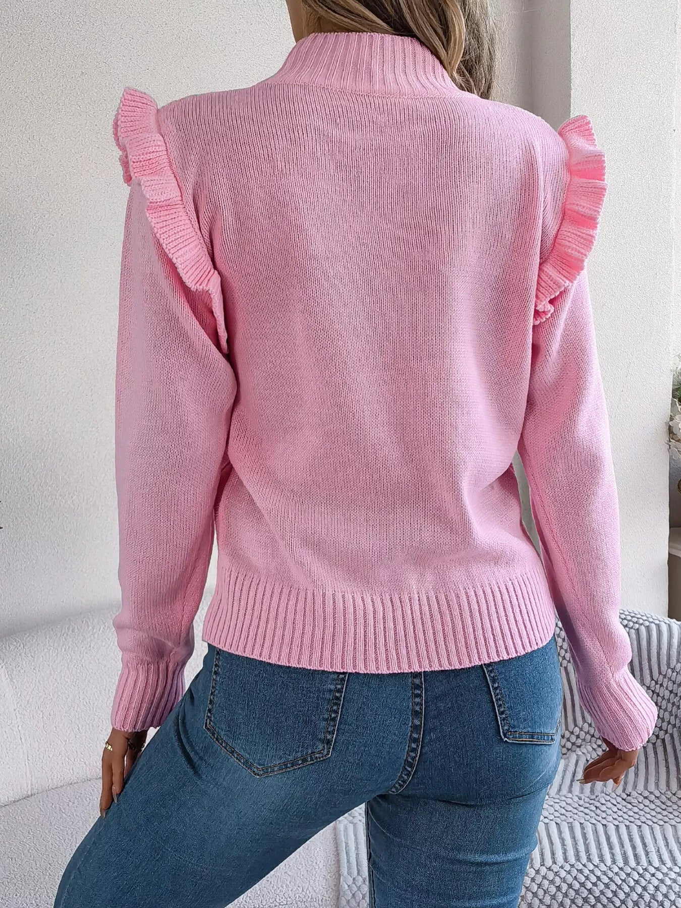 Mock Neck Ruffle Trim Long Sleeve Sweater