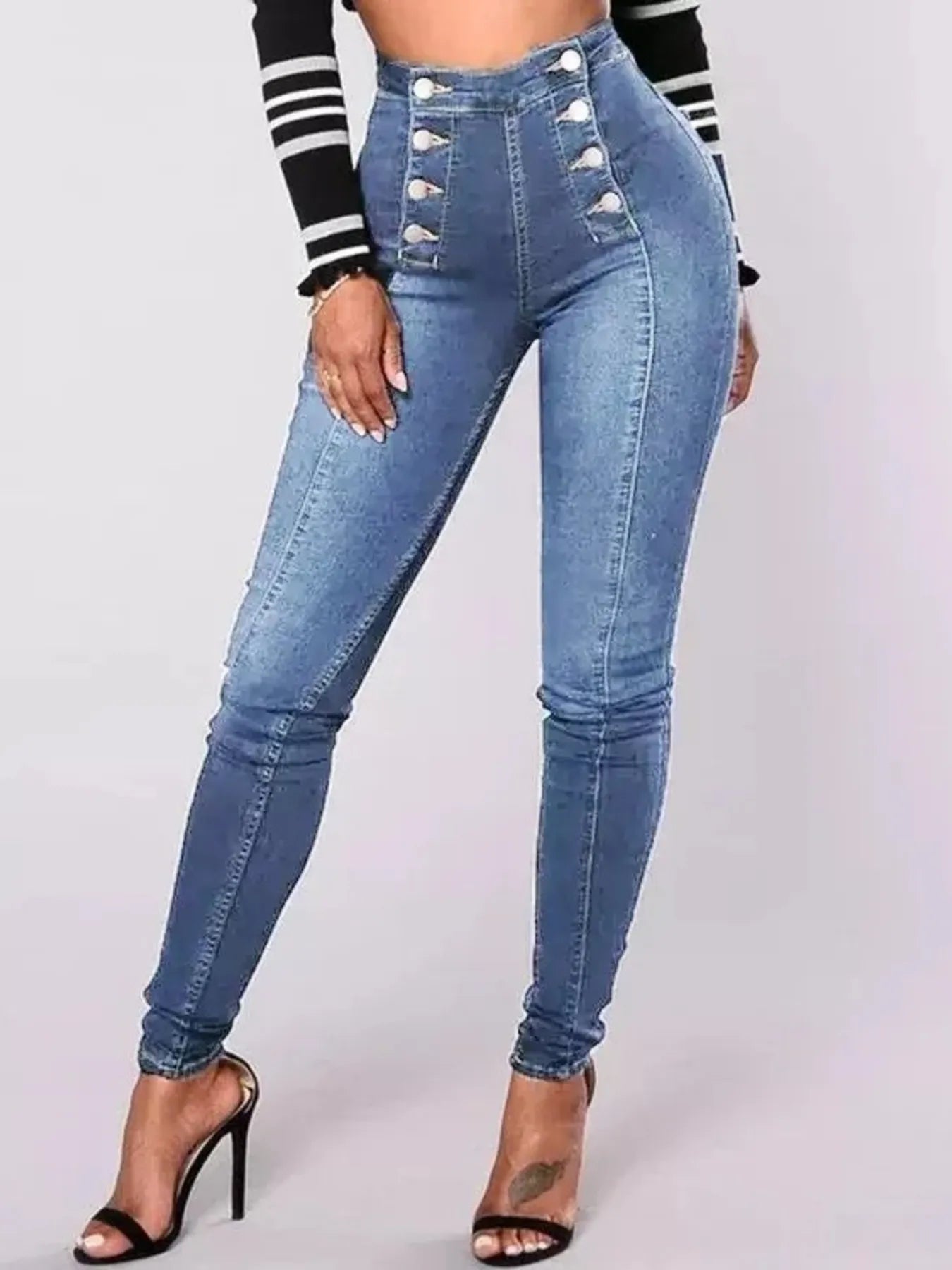 Full Size High-Waisted Double-Breasted Skinny Jeans Plus Size Light Blue