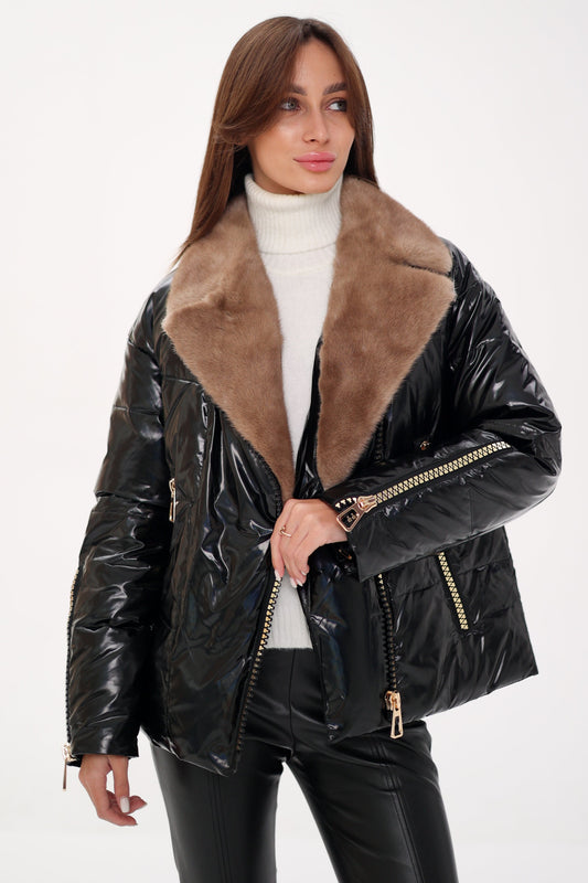 Genuine Mink Fur Down Fill Jacket Black Pearl