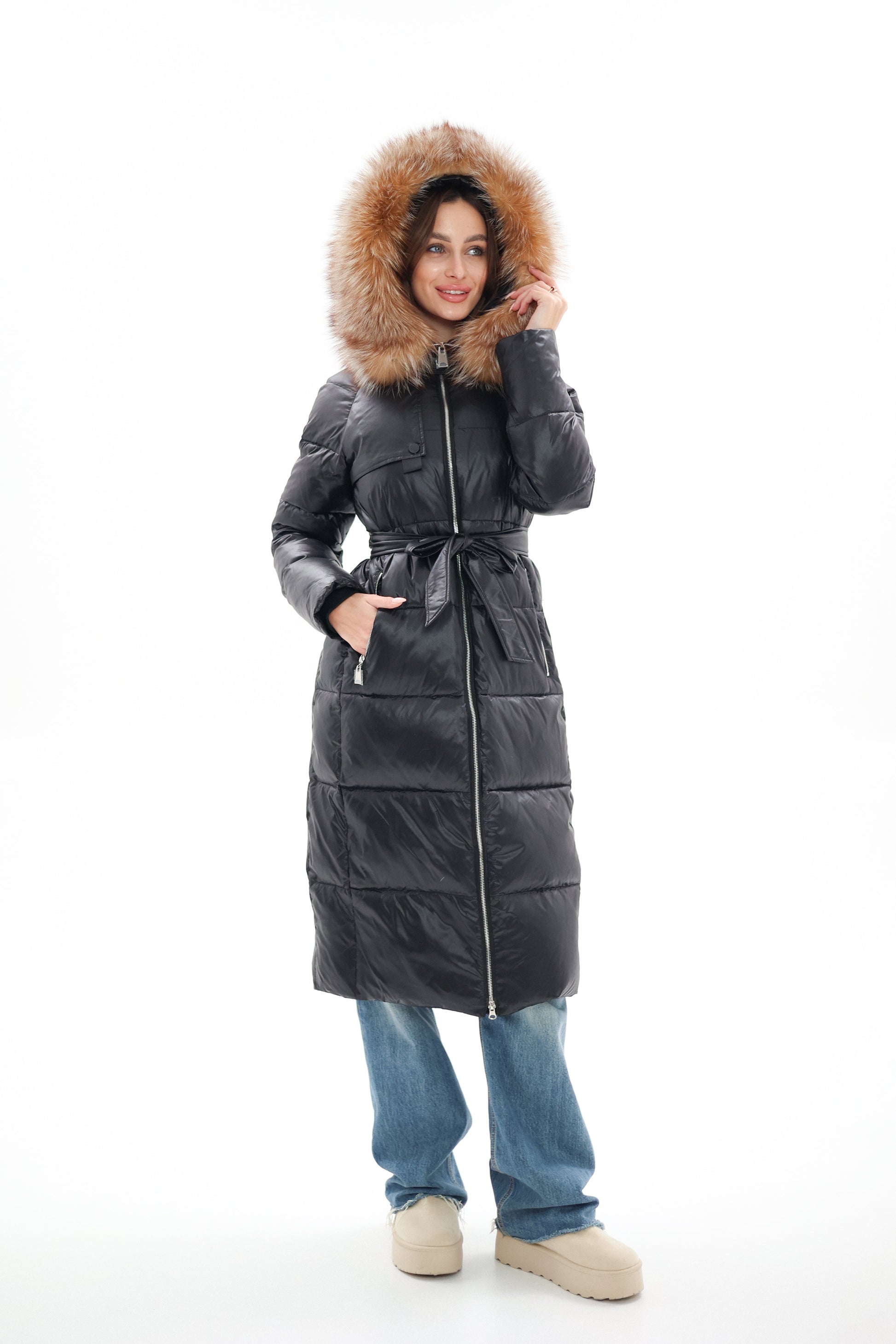 Genuine Silver Fox Fur Alternative Down Fill Coat