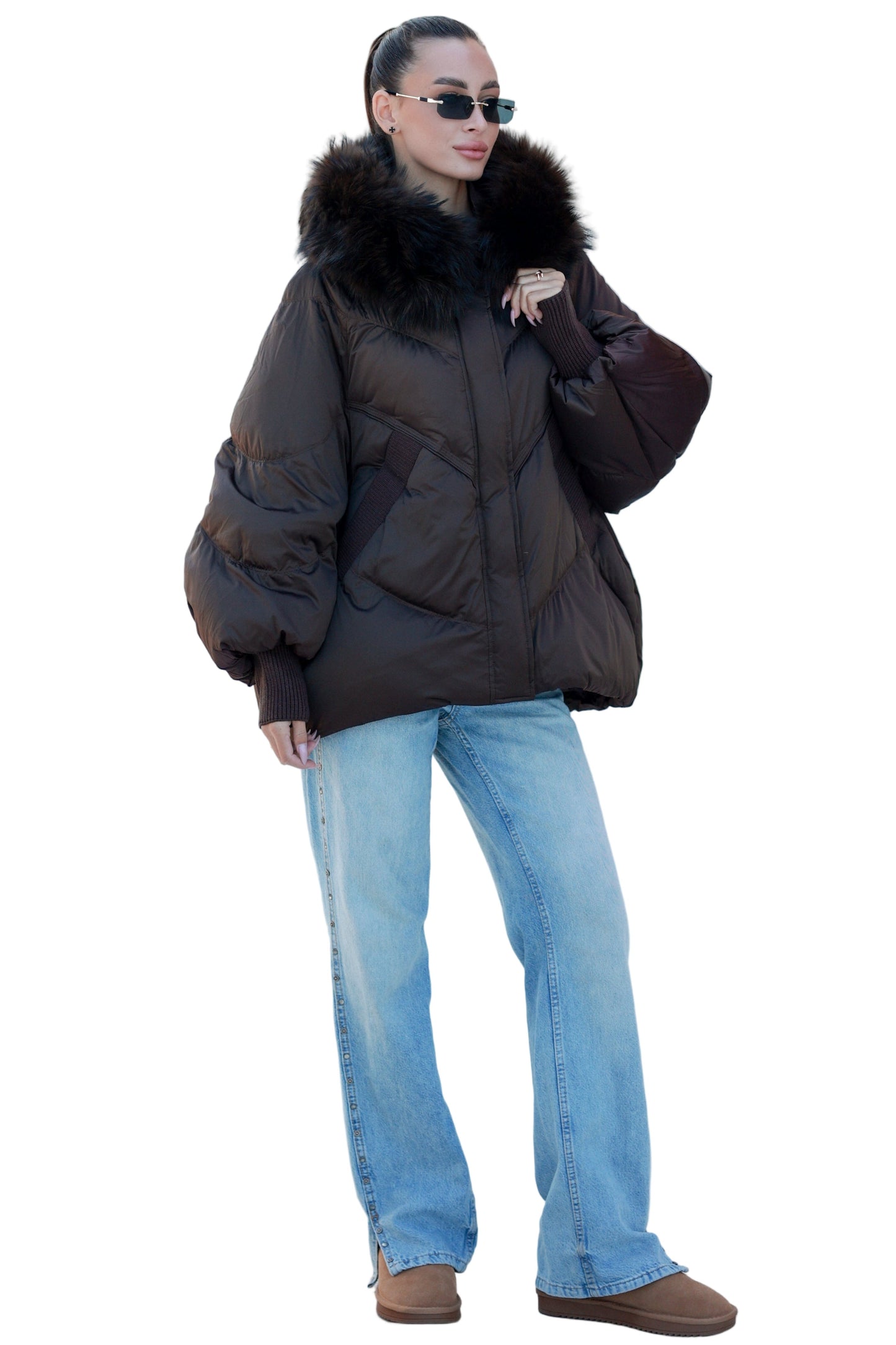 Chantal Genuine Fur Trim Down Fill Coat in Chocolate Chocolate