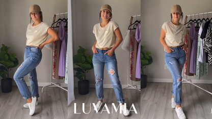 Mom Jeans - luvamia Boyfriend Jeans for Women Stretch High Waisted Ripped Distressed Mom Jeans Slim Denim Pants