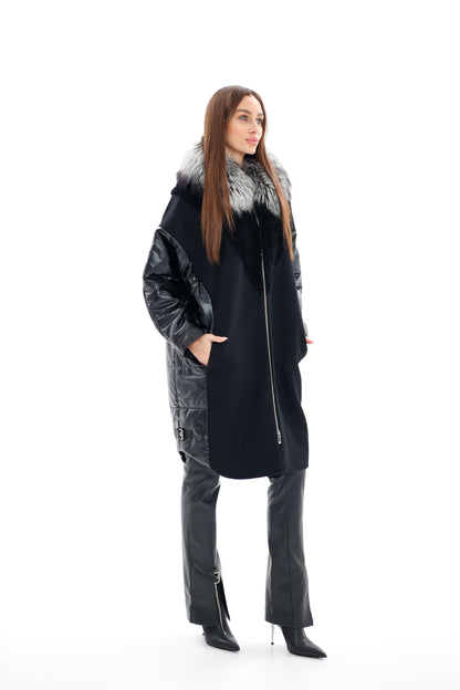 Genuine Silver Fox Fur Italian Cashmere Wool Freudenberg Comfortemp® Coat