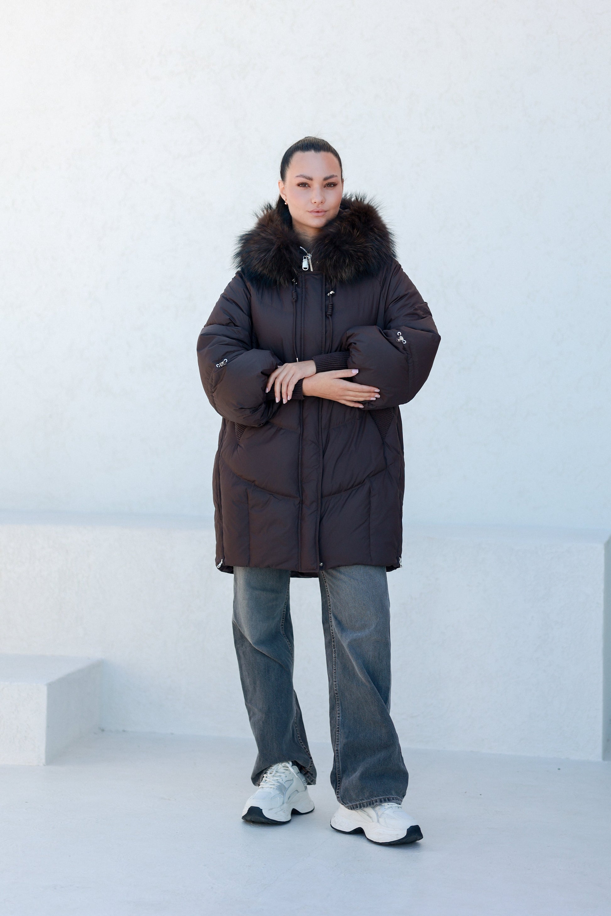 Celeste Genuine Fur Trim Down Fill Coat in Fig