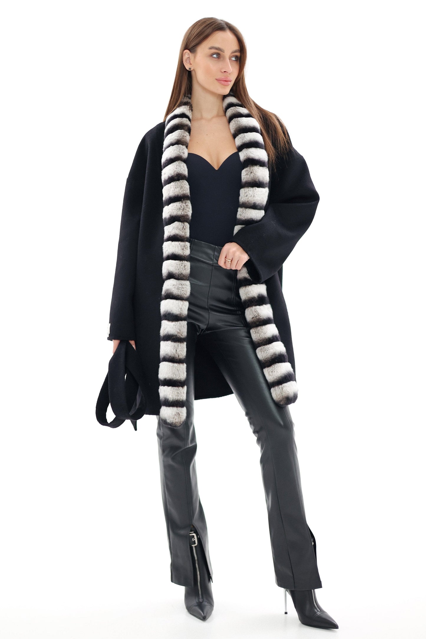 Genuine French Orylag Fur Italian Cashmere Wool Coat 85cm Black