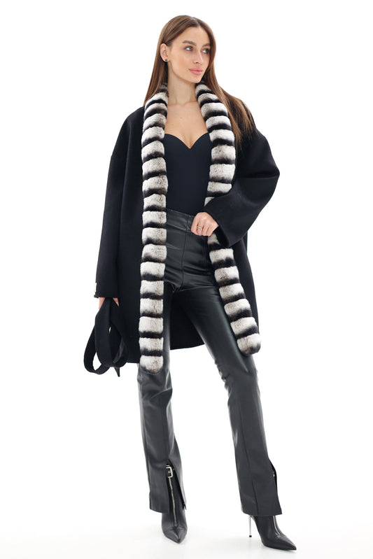 Genuine French Orylag Fur Italian Cashmere Wool Coat 85cm Black