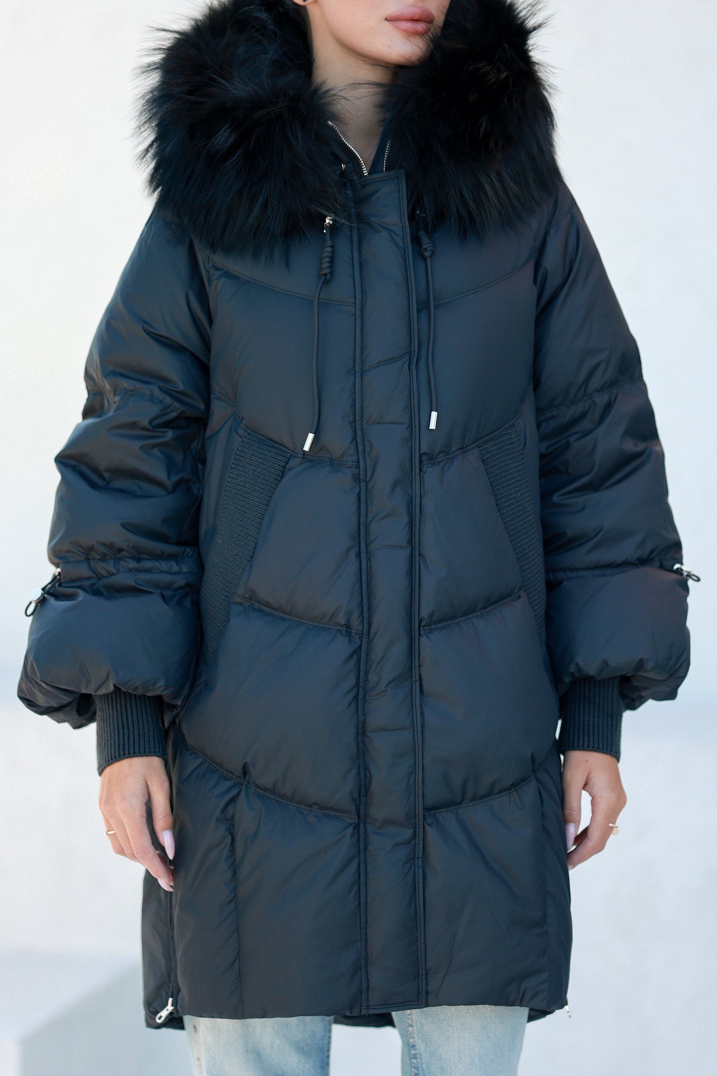 Celeste Genuine Fur Trim Down Fill Coat in Black