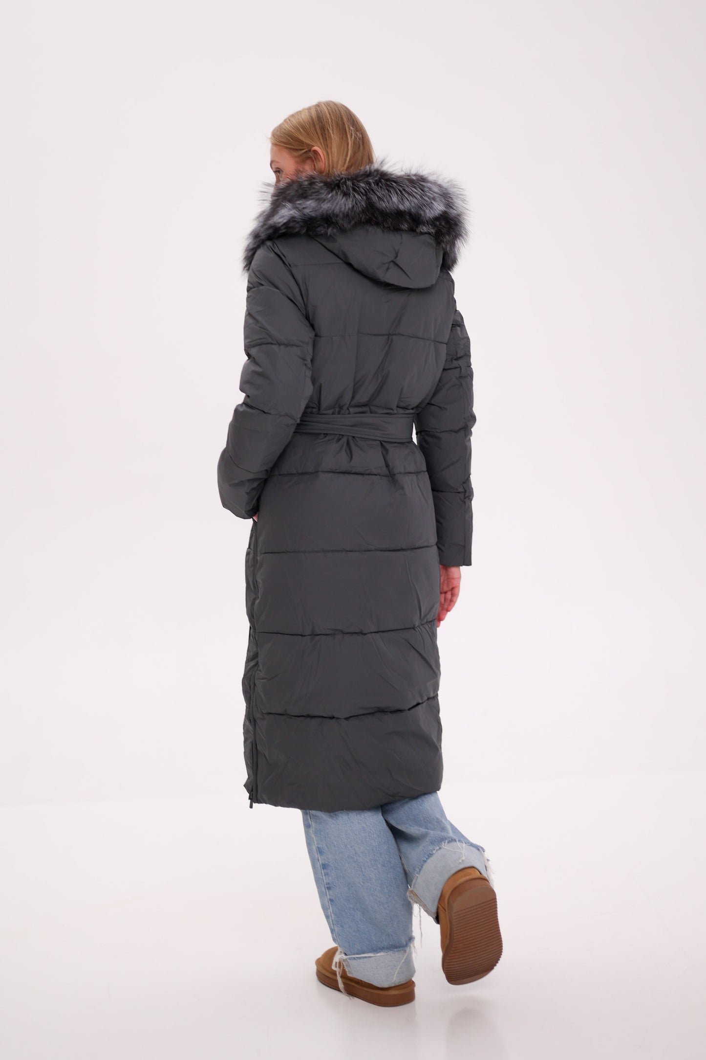 Genuine Silver Fox Belted Winter Insulated Coat