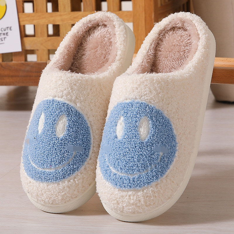 Colorful smiley face pattern cotton slippers indoor home plush warm slippers Clear blue