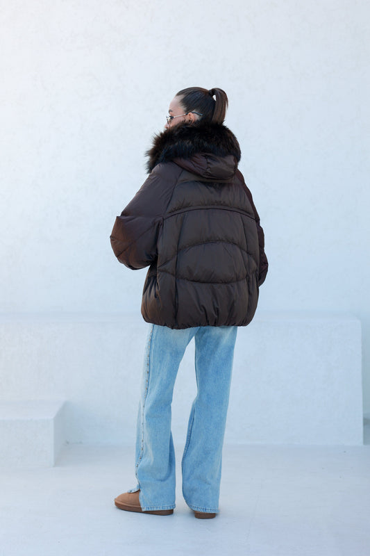 Chantal Genuine Fur Trim Down Fill Coat in Chocolate