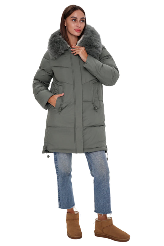 Genuine Polar Fox Trim Bio Down Coat Sage