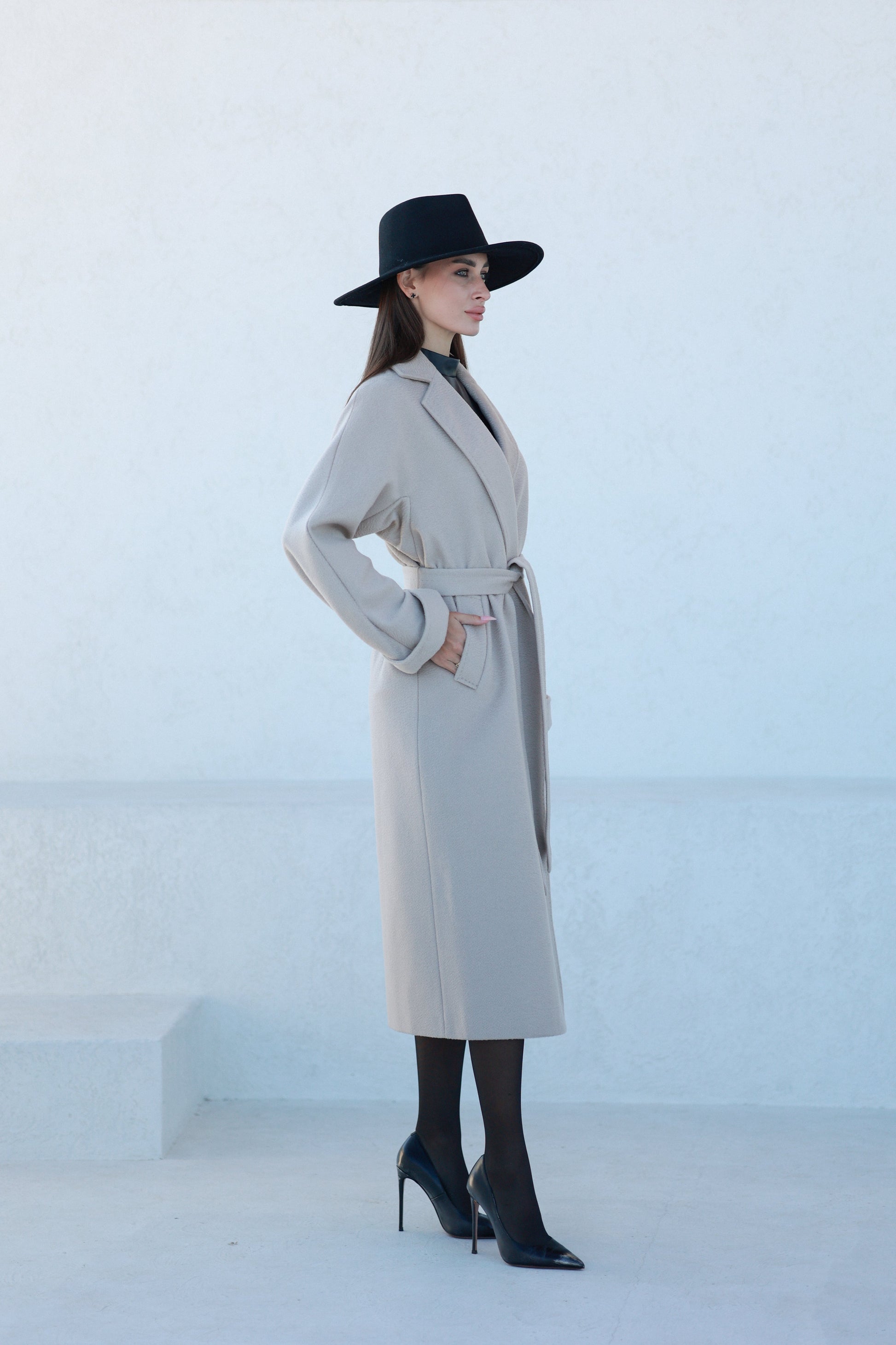 Classic Brushed Cashmere Wool Blend Overcoat in Beige