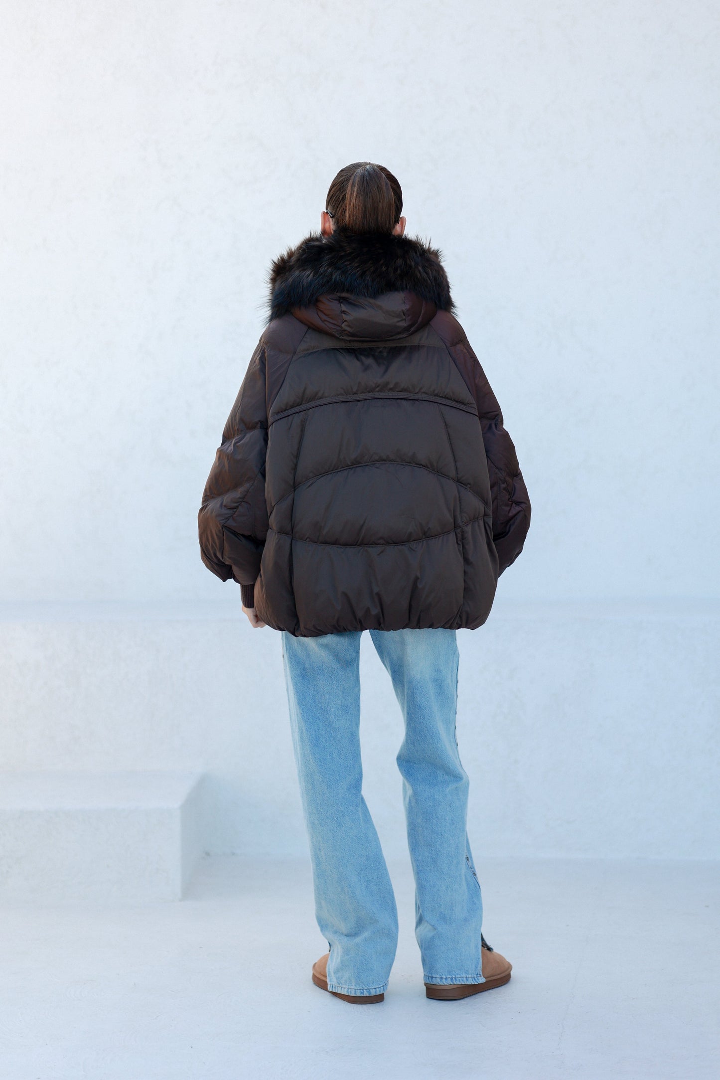 Chantal Genuine Fur Trim Down Fill Coat in Chocolate