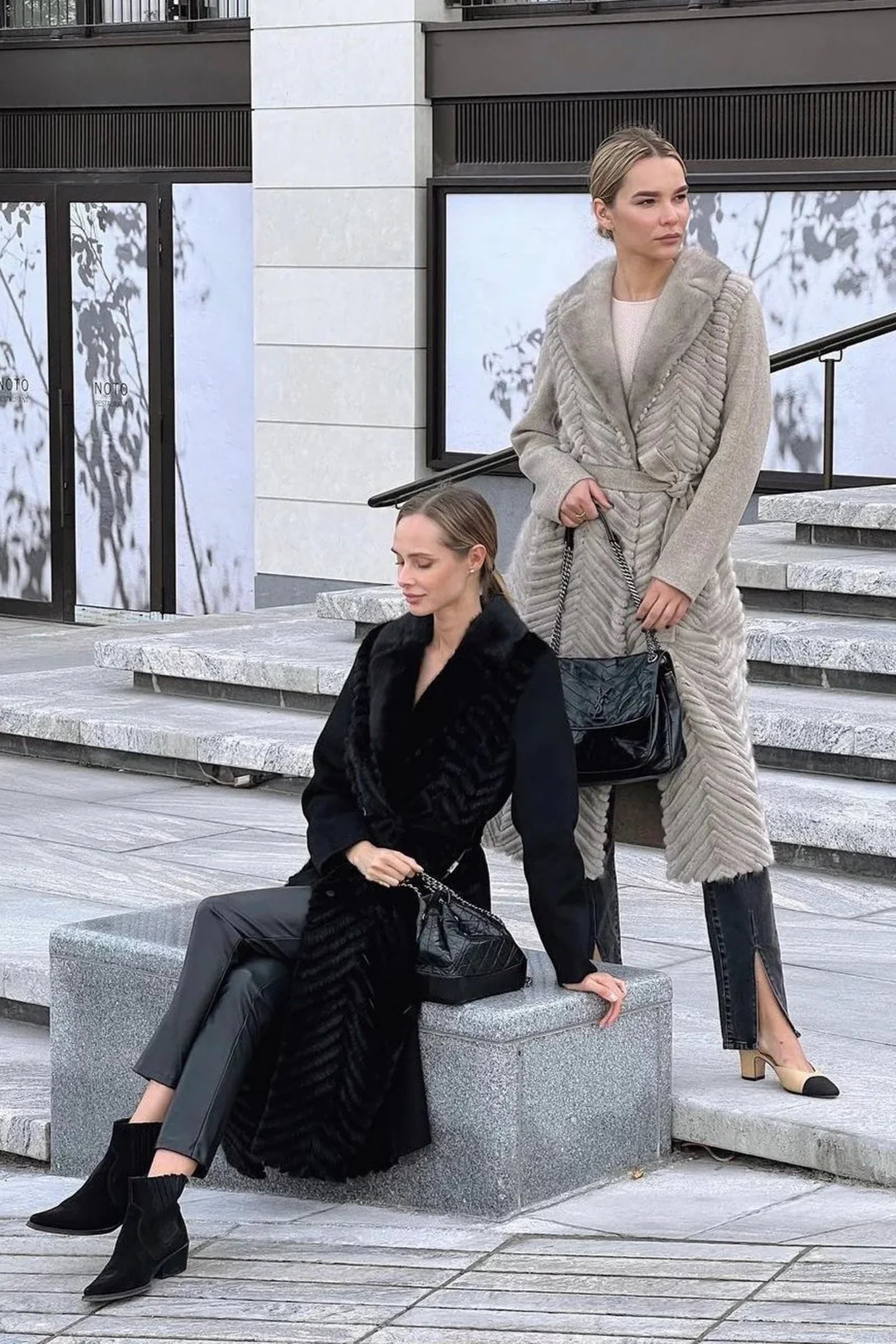 Genuine Mink Fur Rex Fur Trim Virgin Wool Coat in Beige Beige